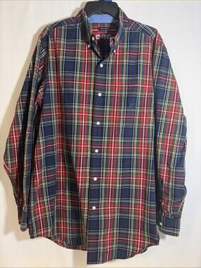 Vintage CHAPS Easy Care Shirt Mens Large Button Up Colorful Plaid Blue Red